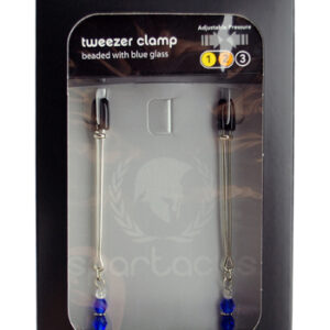 Adjustable tweezer style beaded nipple clamps with sapphire blue beads. Soft rubber tips. Adjust the clamps by sliding the metal rings up the tweezers from merely lovely decoration to pretty strong stimulation. These tweezer-style clamps allow both beginn