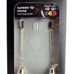 Adjustable tweezer-style nipple clamps with tiny bells. The small silver bells ring when they move. Soft rubber tips. Adjust the clamps by sliding the metal rings up the tweezers V from merely lovely decoration to pretty strong stimulation. Sold as a pair