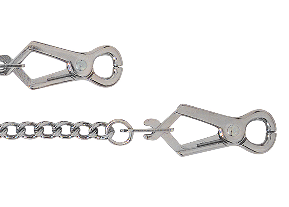 Focus pain and pleasure when you try out this simple but erotically effective nipple clamp and chain set. Made of two strong forceps-style clamps