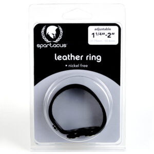 Spartacus Leathers Leather Cock Ring Nickel Free is adjustable 1.25 inches to 2.5 inches. These simple leather cock rings can adjust along three different snaps. Available with standard hardware in firm sewn black leather