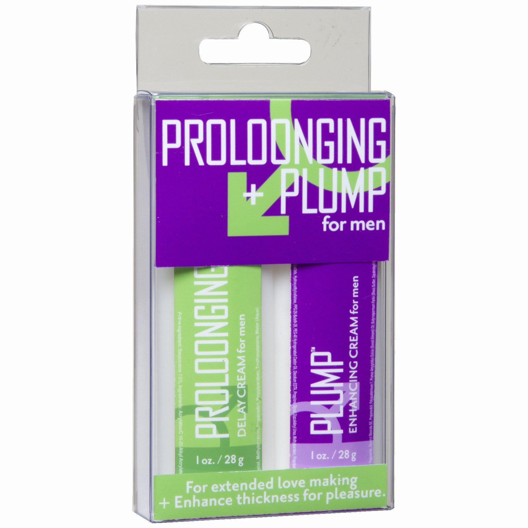 Proloonging Plus Plump for Men 2 Pack. Get more banging for your buck with this travel-friendly sexual enhancement kit! Proloonging + Plump for Men features a 1 ounce tube of delay cream and 1 ounce tube of enhancing cream. The delay cream