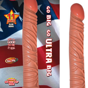 All American Ultra Whopper 11 inches Slim Flesh Dildo. Better than real Realskin. Go big. Go ultra big. Suction cup base. Veined texture for that real feel. Waterproof