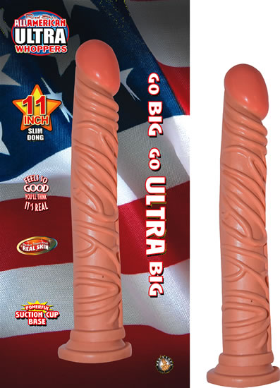 All American Ultra Whopper 11 inches Slim Flesh Dildo. Better than real Realskin. Go big. Go ultra big. Suction cup base. Veined texture for that real feel. Waterproof