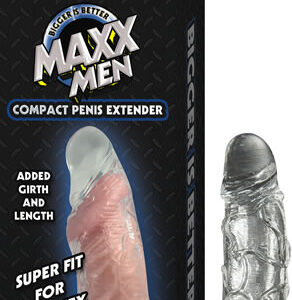 Maxx Men Compact Penis Sleeve Clear. Super fit for super sex. Veined for extra pleasure. Holds your balls tight. Added girth and length. Waterproof. Phthalates free material Thermoplastic Rubber TPR. Total length 5.71 inches. Stretches to fit.