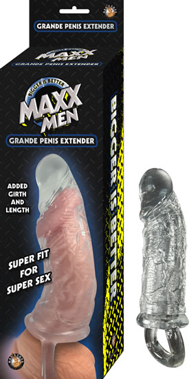 Bigger is better. Maxx Men Grande Penis Sleeve Clear. Super fit for super sex. Veined for extra pleasure. Holds your balls tight. Added girth and length. Waterproof. Phthalates free material Thermoplastic Rubber TPR. Total length 6.5 inches. Stretches to