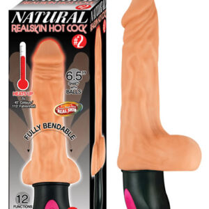 Natural Realskin Hot Cock #2 6.5 inches Beige Vibrating Dildo. Heats up to 45 degrees Celsius or 113 degrees Fahrenheit. Better than real RealSkin. Fully bendable. 12 functions. USB rechargeable. RoHS compliant materials. Waterproof vibrations. Phthalate
