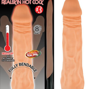 Natural Realskin Hot Cock #3 8 inches Beige Vibrating Dildo. Heats up to 45 degrees Celsius or 113 degrees Fahrenheit. Better than real RealSkin. Fully bendable. 12 functions. USB rechargeable. RoHS compliant materials. Waterproof vibrations. Phthalate fr