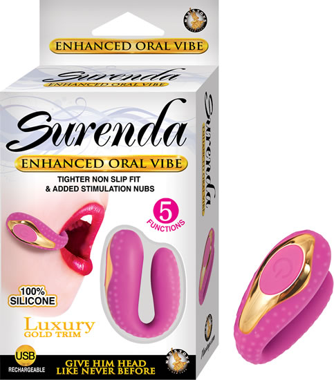 Surenda Enhanced Oral Vibe Pink with Luxury Gold Trim. 5 functions. 100% Silicone. USB cable included. Waterproof vibrations. Phthalate free