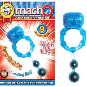The Best Of Macho Ultra Erection Keeper Blue Vibrating Ring with Dangling Balls features   9 functions. Keeps you hard. Super stretchy. Dangling balls. Increased pleasure for him and her. Waterproof vibrations. Phthalate free
