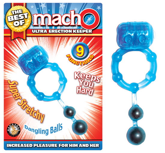 The Best Of Macho Ultra Erection Keeper Blue Vibrating Ring with Dangling Balls features 9 functions. Keeps you hard. Super stretchy. Dangling balls. Increased pleasure for him and her. Waterproof vibrations. Phthalate free