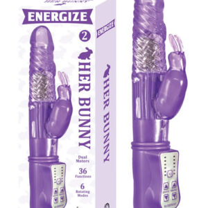 Energize Her Bunny 2 Purple Rabbit Vibrator features rechargeable. USB cable included. Dual motors. 36 functions. 6 rotating modes. Waterproof vibrations. Made using body safe phthalates free RoHs compliant materials shaft Thermoplastic Elastomers TPE