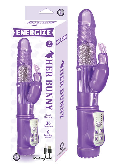 Energize Her Bunny 2 Purple Rabbit Vibrator features rechargeable. USB cable included. Dual motors. 36 functions. 6 rotating modes. Waterproof vibrations. Made using body safe phthalates free RoHs compliant materials shaft Thermoplastic Elastomers TPE