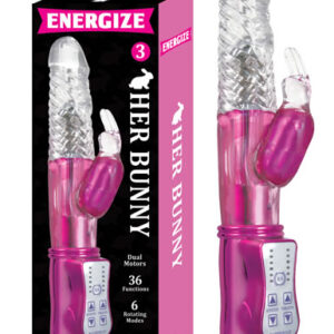 Energize Her Bunny 3 Pink Rabbit Vibrator features dual motors. 36 functions. 6 rotating modes. Waterproof vibrations. Body safe phthalates free RoHS compliant materials shaft Thermoplastic Elastomers TPE