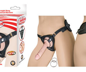 All American Whoppers 5 inches Straight Dong Beige and Universal Harness is a one size fits most. Features 5 inches Realskin Cock Dildo. Universal harness includes 2 ring sizes. Secure 3 snap design. Compatible with all dongs. Couple friendly. Perfect for