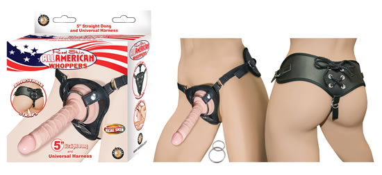 All American Whoppers 5 inches Straight Dong Beige and Universal Harness is a one size fits most. Features 5 inches Realskin Cock Dildo. Universal harness includes 2 ring sizes. Secure 3 snap design. Compatible with all dongs. Couple friendly. Perfect for