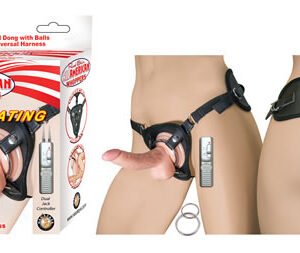 All American Whoppers 5 inches Vibrating Curved Dong with Balls Beige and Universal Harness is a one size fits most. Features 5 inches Realskin Cock Dildo. Universal harness includes 2 ring sizes. Secure 3 snap design. Compatible with all dongs. Couple fr