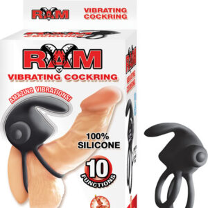 RAM Vibrating Cock Ring Black from Nasstoys of New York. Features: amazing vibrations. 10 functions. Waterproof vibrations. Phthalates free