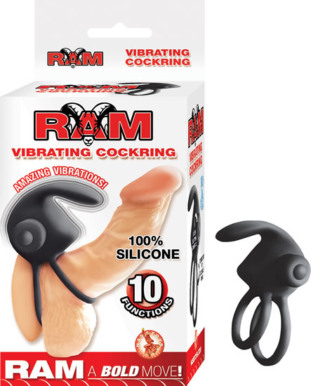 RAM Vibrating Cock Ring Black from Nasstoys of New York. Features: amazing vibrations. 10 functions. Waterproof vibrations. Phthalates free