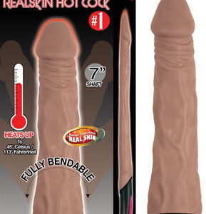 Natural Realskin Hot Cock Cock number 1 Brown Vibrating Dildo. Heats up to 45 degrees Celsius or 113 degrees Fahrenheit. Better than real Realskin. Fully bendable. USB cable included. Made using RoHs compliant materials. Waterproof vibrations. Phthalates
