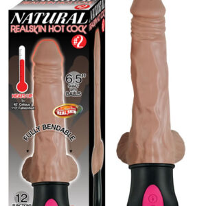 Natural Realskin Hot Cock Cock number 2 Brown Vibrating Dildo. Heats up to 45 degrees Celsius or 113 degrees Fahrenheit. Better than real Realskin. Fully bendable. USB cable included. Made using RoHs compliant materials. Waterproof vibrations. Phthalates