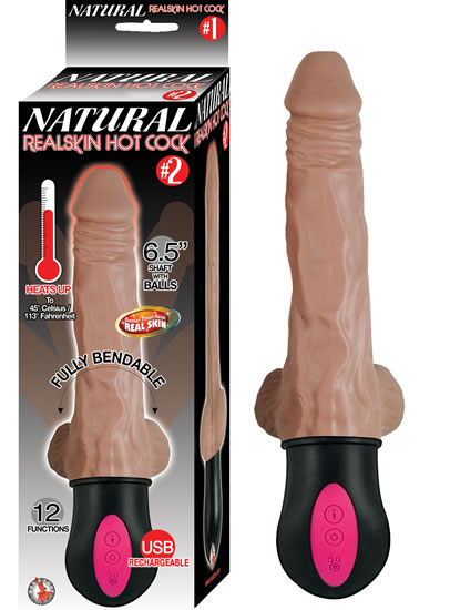 Natural Realskin Hot Cock Cock number 2 Brown Vibrating Dildo. Heats up to 45 degrees Celsius or 113 degrees Fahrenheit. Better than real Realskin. Fully bendable. USB cable included. Made using RoHs compliant materials. Waterproof vibrations. Phthalates