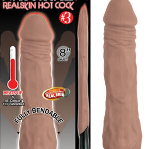 Natural Realskin Hot Cock Cock number 3 Brown Vibrating Dildo. Heats up to 45 degrees Celsius or 113 degrees Fahrenheit. Better than real Realskin. Fully bendable. USB cable included. Made using RoHs compliant materials. Waterproof vibrations. Phthalates