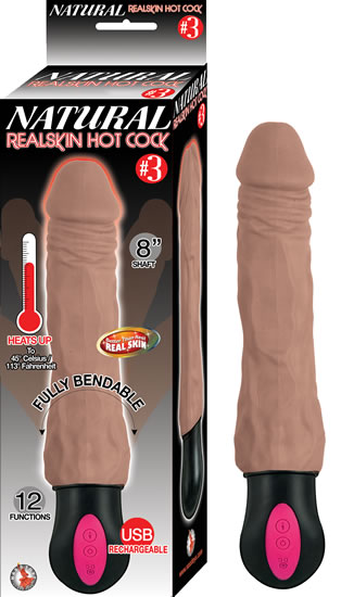 Natural Realskin Hot Cock Cock number 3 Brown Vibrating Dildo. Heats up to 45 degrees Celsius or 113 degrees Fahrenheit. Better than real Realskin. Fully bendable. USB cable included. Made using RoHs compliant materials. Waterproof vibrations. Phthalates
