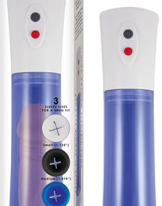 Commander Electric Penis Pump Blue from Nasstoys of New York. Features: high vacuum electric pump. 3 sleeve sizes for a snug fit. Extra large cylinder for maximum enlargement. Phthalates free