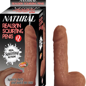 Natural Realskin Squirting Penis number 2 Brown Dildo from Nasstoys of New York. Real squirting action. Better than Real Real Skin. 5 inches insertion length. Hold penis up right and press top of balls to watch penis squirt. Waterproof