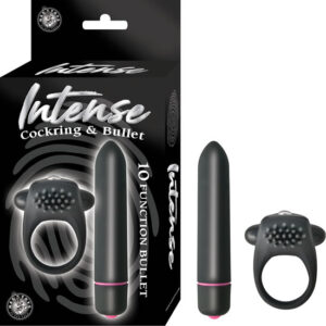 Intense Cock Ring and Bullet Vibrator Black from Nasstoys of New York. 10 function bullet vibrator. Vibrating cock ring is a couple friendly kit. Discreetly quiet. Waterproof vibrating cock ring. Phthalates free