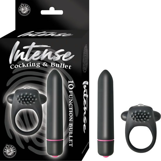 Intense Cock Ring and Bullet Vibrator Black from Nasstoys of New York. 10 function bullet vibrator. Vibrating cock ring is a couple friendly kit. Discreetly quiet. Waterproof vibrating cock ring. Phthalates free