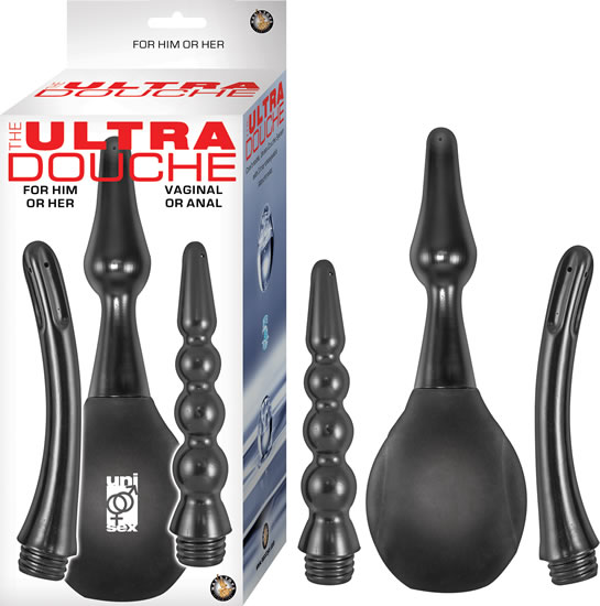 The Ultra Unisex Douche Black from Nasstoys of New York. For him or her. Vaginal or anal. 3 interchangeable attachments: plug