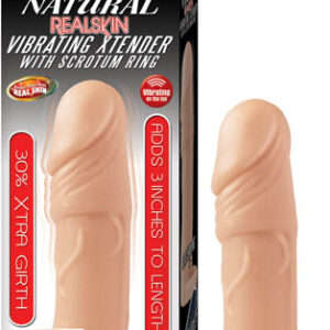 Natural Realskin Vibrating Xtender with Scrotum Ring Beige from Nasstoys of New York. Adds 3 inches to length of your penis. 30% extra girth. Better than real Real Skin. Features a removable bullet vibrator. RoHS compliant