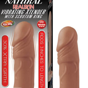 Natural Realskin Vibrating Xtender with Scrotum Ring Brown from Nasstoys of New York. Adds 3 inches to length of your penis. 30% extra girth. Better than real Real Skin. Features a removable bullet vibrator. RoHS compliant