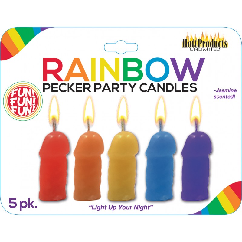 Rainbow Pecker Party Candle 5 different colors. Light up your night or any fun party event with these fun Rainbow Color Pecker Party Candles! Jasmine scented candles. These fun pecker shape candles will be sure to add a little color to any party event