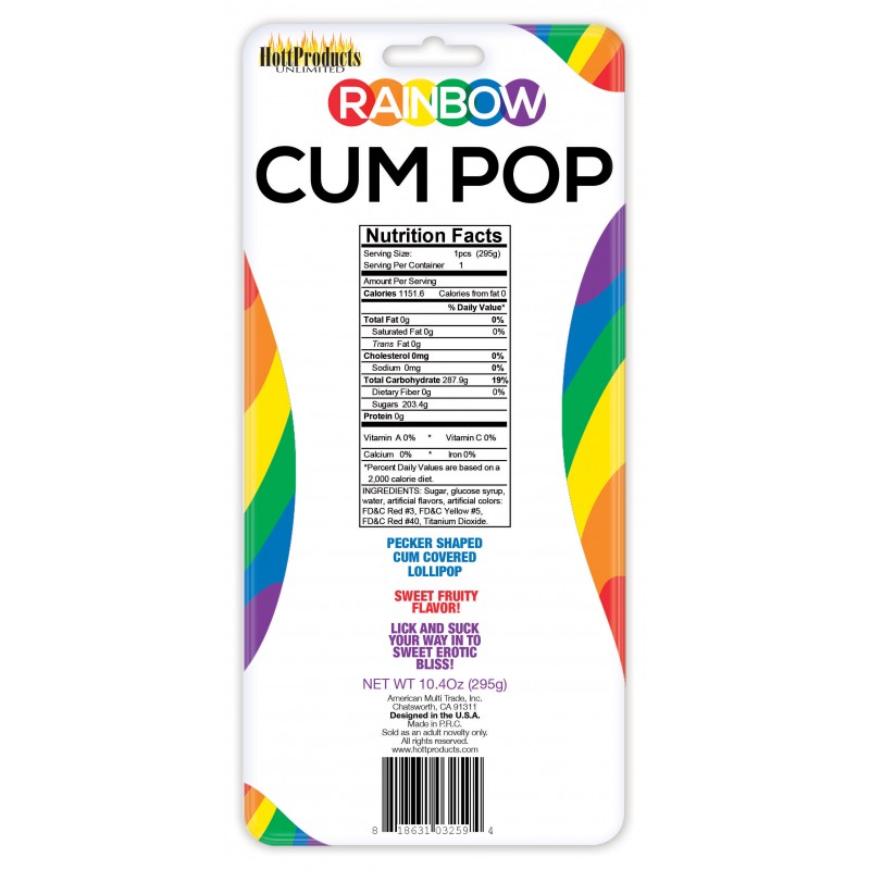 Rainbow Cock Cum Pops from Hott Products Unlimited. Single serving. Pecker shaped cum covered rainbow colored. Great taste. Sweet fruity flavor. 10.4 ounces. Categories: Party Games