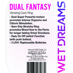 Wet Dreams Dual Fantasy Cock Ring with Dual Motors from Hott Products Unlimited. Easy on off switch. Super powerful motors. Promotes intense orgasms for both partners. Female partner worn by the male. Clitoral stimulation and erection ring. Prolongs your