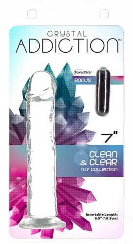Addiction Crystal 7 inches Vertical Dong Clear Thermoplastic Elastomers with Power Bullet from BMS Enterprises. Your future has never looked clearer! Introducing the Crystal Addiction 7 inches vertical dong! Experience life like textures with an incredibl