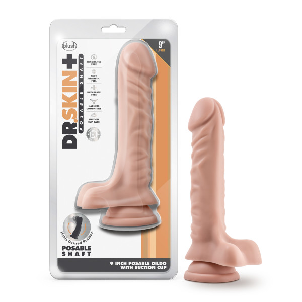 DR SKIN PLUS 9IN POSABLE DILDO W/ BALLS VANILLA