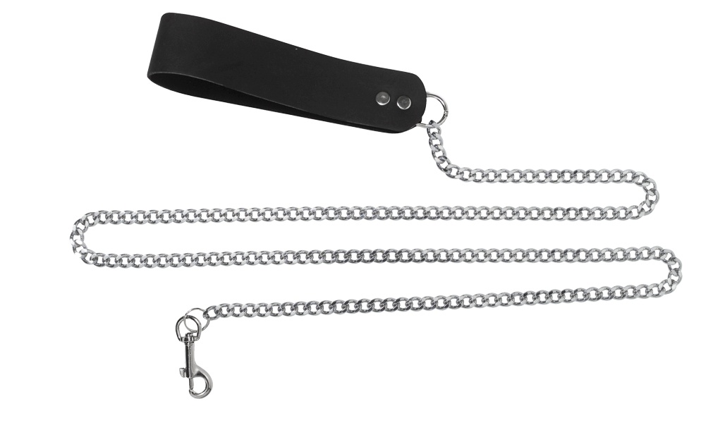 4 Feet Chain Leash with Leather Handle from Spartacus Leathers. Chain Leash with Leather Handle 4 feet Chain Leash with Leather Handle. Metal chain leash with snap end closure. Hand made in USA for over 30 years by Spartacus. Bondage