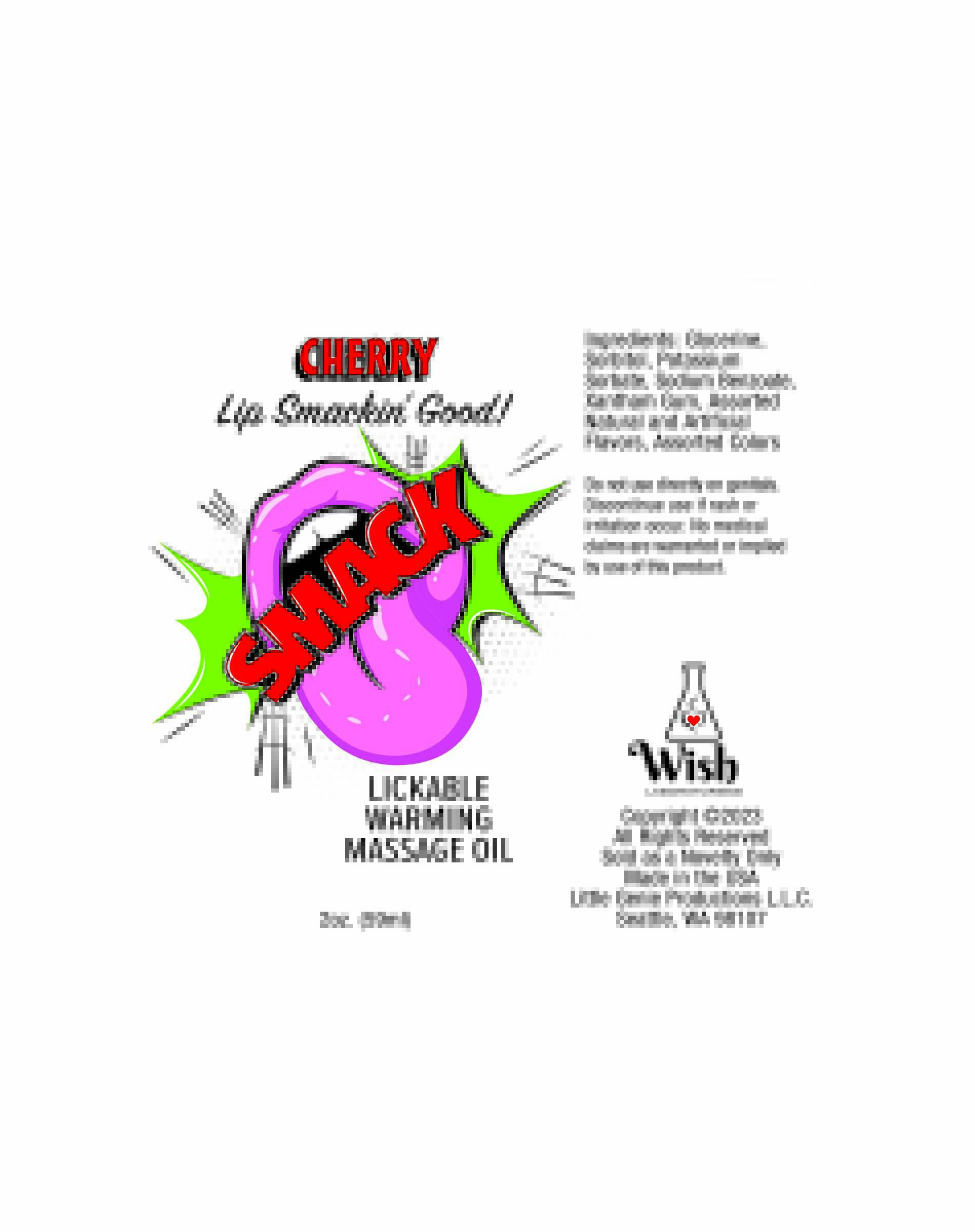 Smack Cherry 2 fluid ounces Warming Massage Oil from Little Genie. Take your partner on a tantalizing flavor journey with Smack Warming and Lickable Massage Oil. Engage in a tasty and playful massage experience in six delectable flavors: Blue Raspberry