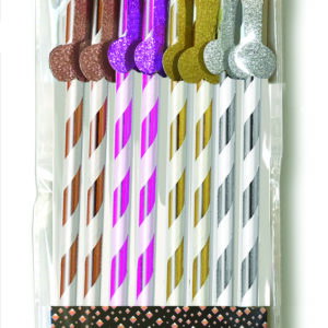 Glitterati Penis Party Celebration Straws Tall 8 count package from Candy Prints. These paper straws have a beautiful metallic stripe and a glittery penis applique to make your beverages just a little more fancy at your next penis party. Great for bachelo