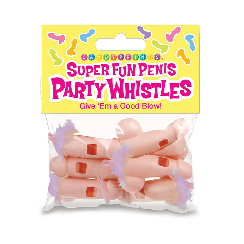 Super Fun Penis Party Whistles on Pink Fabric 6 package from Candyprints. Give them a good blow. Celebrate your next big event with these Super Fun Party Whistles. Each bag comes with 6 penis shaped whistles on a pink lanyard ribbon to wear around your ne