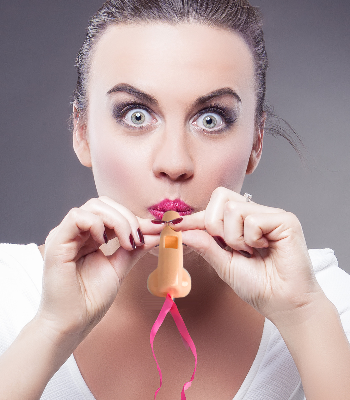 Super Fun Penis Party Whistles on Pink Fabric 6 package from Candyprints. Give them a good blow. Celebrate your next big event with these Super Fun Party Whistles. Each bag comes with 6 penis shaped whistles on a pink lanyard ribbon to wear around your ne