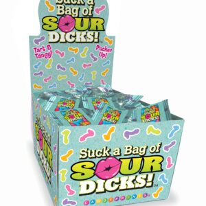Suck A Bag Of Sour Dicks Display Of 100 from Candyprints. Introducing the ultimate candy with a punch â Suck a Bag of Sour Dicks! This rebellious treat is not for the faint hearted. It is the perfect way to sweetly tell someone they are being a total je