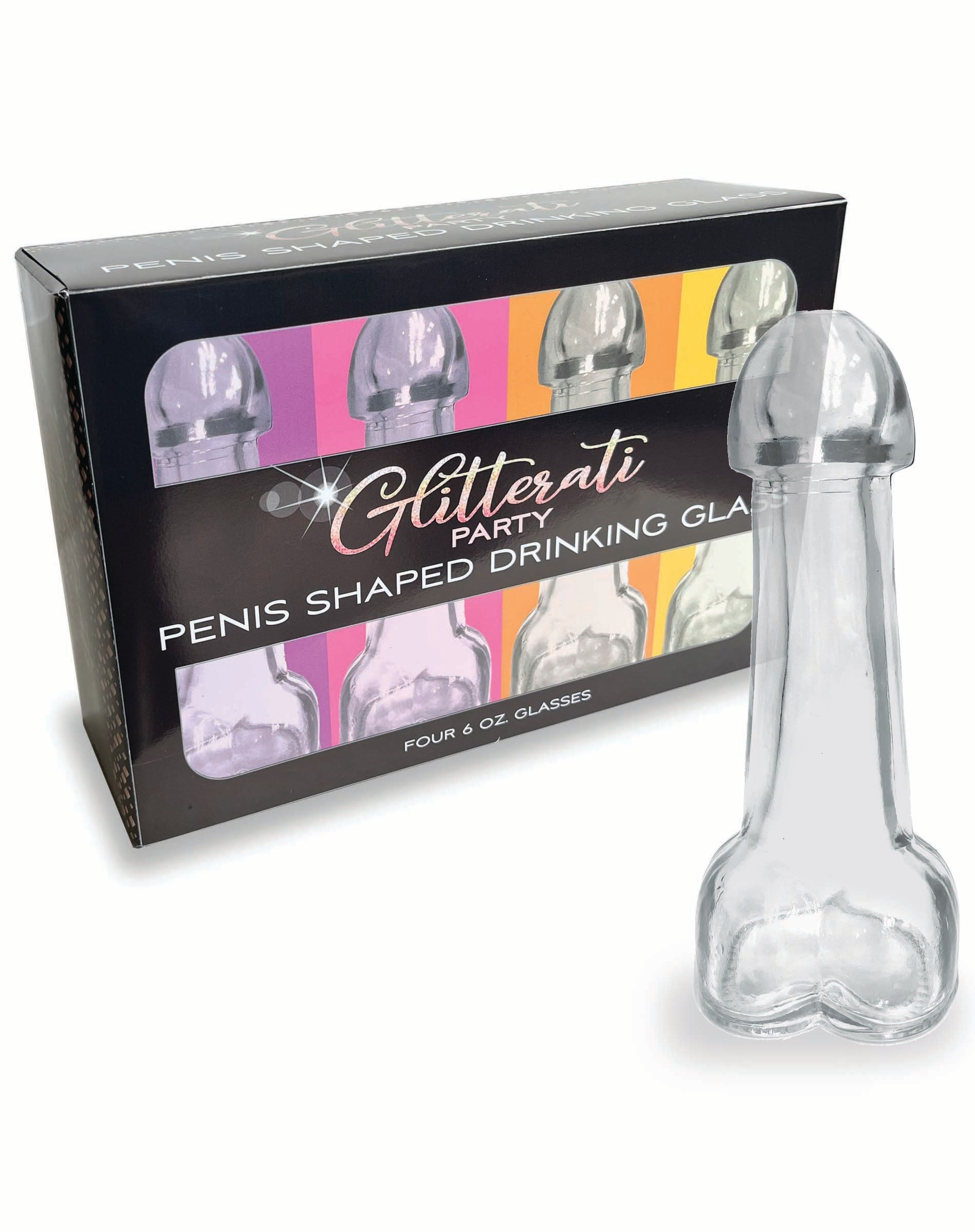 Glitterati Penis 6 ounces Drinking Glass Pack of 4 from Candyprints. Package contains four drinking glasses that will hold up to 6 ounces of liquid. Penis shaped drinking glasses. Categories: Party Games