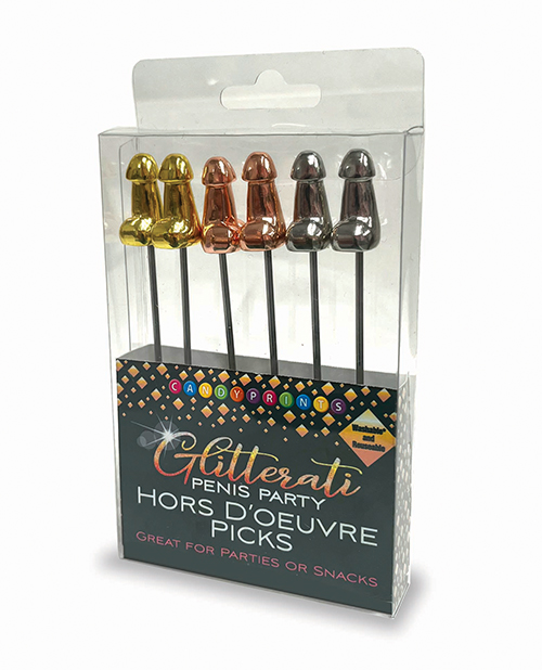 Glitterati Hors D'Oeure Picks from Little Genie. Each pack of Glitterati appetizer picks contains six 7 inches stainless still reusable skewers. These washable skewers come in metallic 2 gold