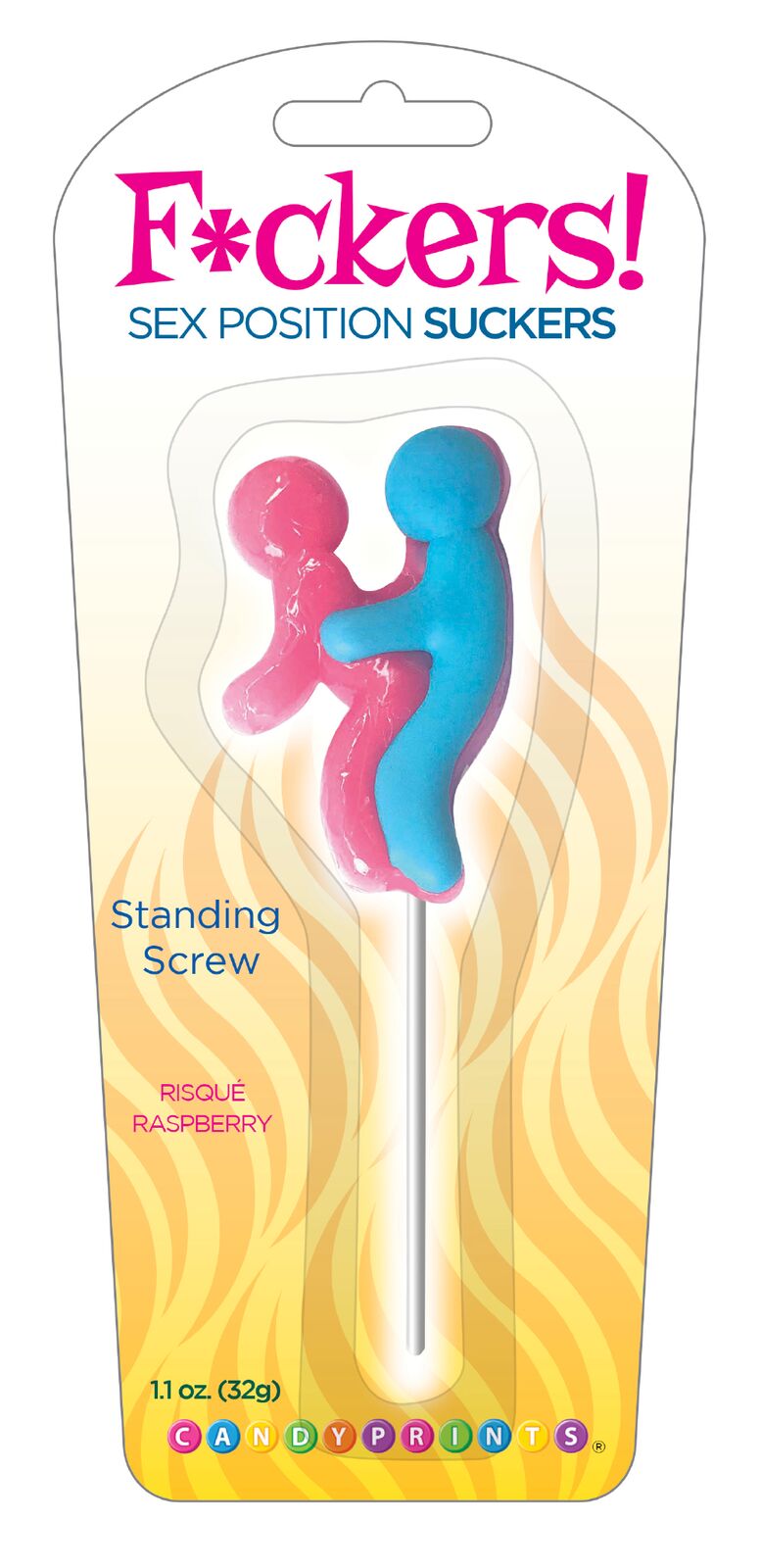 Candyprints new line of F*cker! Standing Screw Risque Raspberry Sex Position Suckers. Adult candy in the shape of standing position. Risque Raspberry flavor. Net weight 1.1 ounces. 120 calories per serving. Ingredients: Sugar