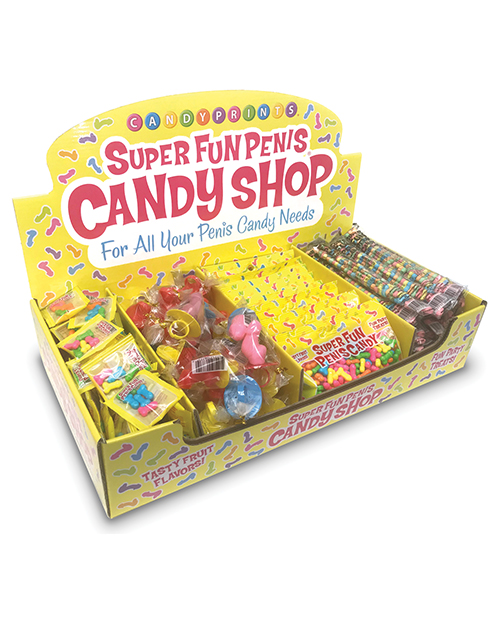 Super Fun Penis Candy Shop from Candyprints Display with a variety of penis shaped adult candy. For all your penis candy needs. Delicious fruit flavored Super Fun Penis Candy. Items in point of purchase display: 1. Super Fun Penis Candy Bag 5 piece bag 2.