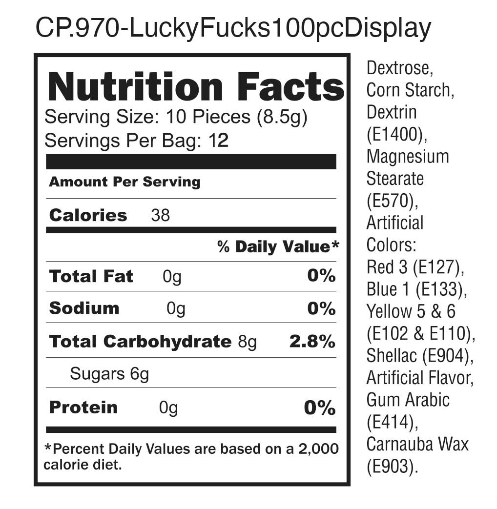 Lucky F*cks 3 ounces bag from Candyprints. Get Lucky! What better way to celebrate your good fortune than with a delicious bag of Lucky Fucks. Each display contains approximately 100 pieces or 3 ounces of Penis and Shamrock sour candies. These sweet confe